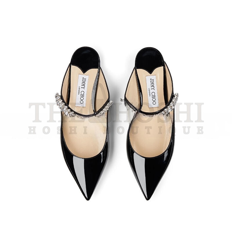 J1m*y Ch00 BLACK PATENT LEATHER MULES WITH CRYSTAL STRAP BINGFLATPAT010003 Master Quality